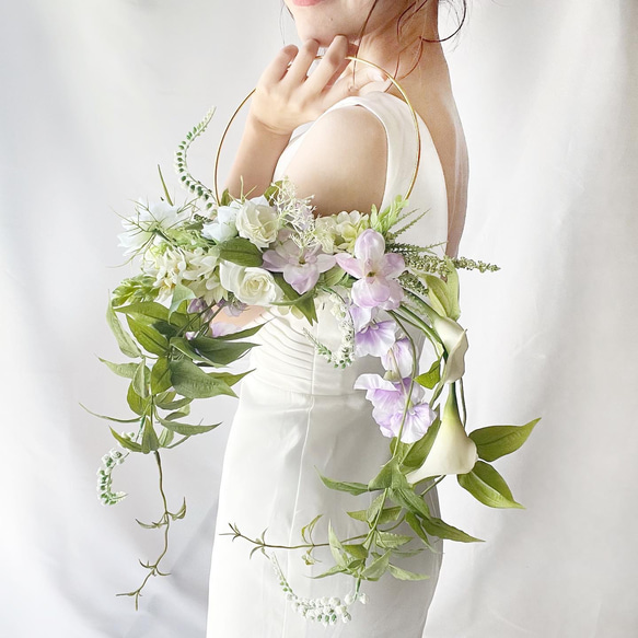 即納】パープル×ホワイト×グリーン フープブーケ リースブーケ ブーケ