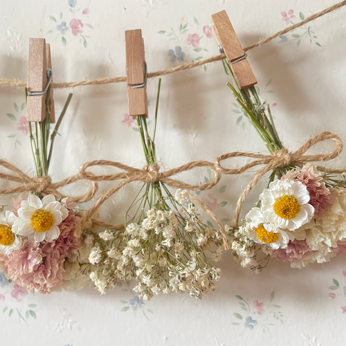 パステルピンクとかすみ草のホワイトドライフラワーガーランド  