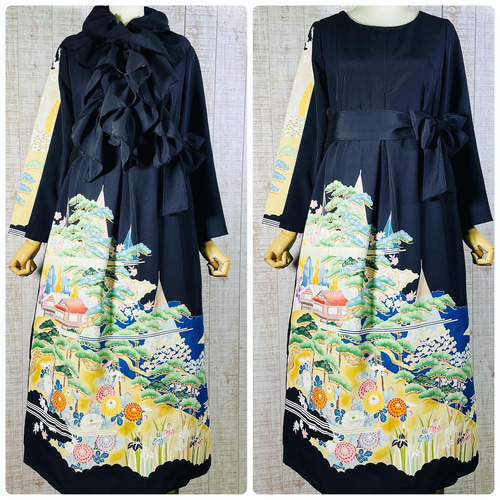 作家物＊手描き友禅屋敷に松・菊・網干模様正絹黒留袖ワンピースM 