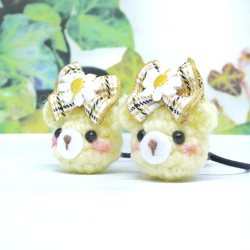 ゴム交換可能〉くまさん【チェックリボンとお花の髪飾り