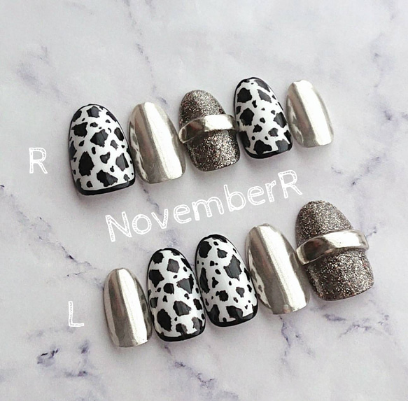 LA658☆ダルメシアン×シルバーミラーネイル ネイルチップ（つけ
