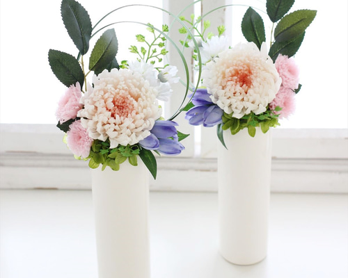 特割】大輪菊と小菊のお供え花 一対（2個1セット）（白桃菊 リンドウ