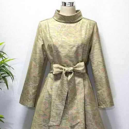 アンティーク大島紬 着物リメイク ワンピース 2WAY 花柄 Aライン