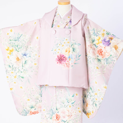 洋花デザインの可愛い3歳お着物とお被布レース付け衿セット 6枚目の画像