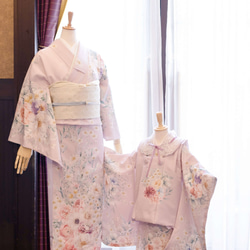 洋花デザインの可愛い3歳お着物とお被布レース付け衿セット 8枚目の画像