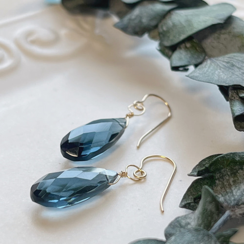 14kgf】ロンドンブルーカラークォーツ ペアシェイプ ピアス ピアス 