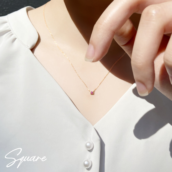七月生日石紅寶石 K10 玫瑰金小方形項鍊 Miwa Gemstone Miwahou Seki 第7張的照片