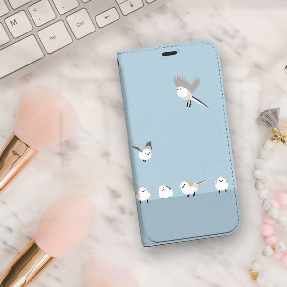 シマエナガ たちの集まり ブルー ベルトなし 帯なし ベルトレス 手帳型