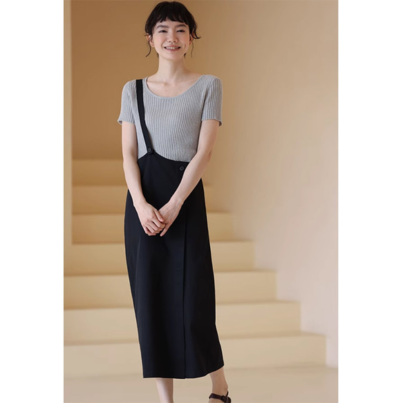 片肩紐スカート 紐取り外し可能 ロングスカート ブラック S-XL#214