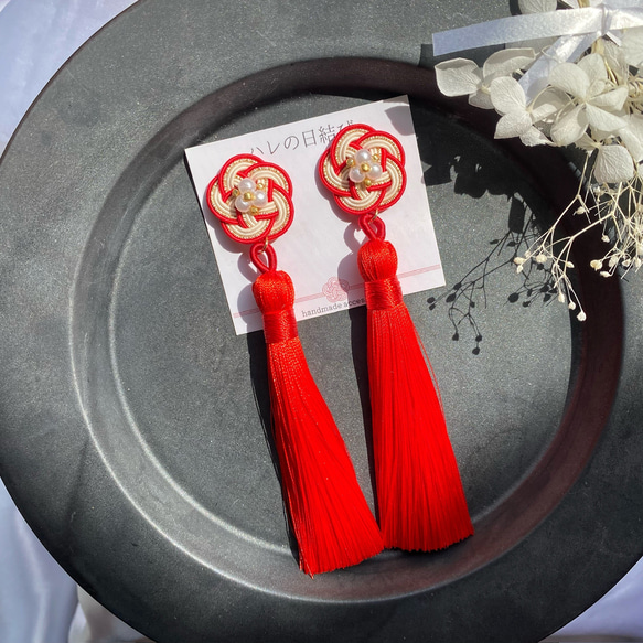 水引ピアス イヤリング 赤梅MIX❁タッセル　結婚式　卒業式　七五三　成人式 2枚目の画像
