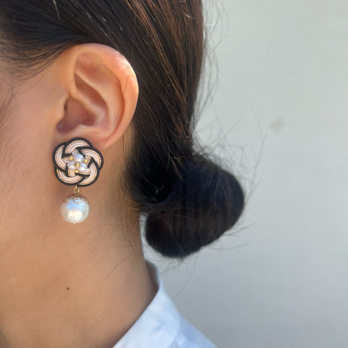 水引ピアス イヤリング 黒梅mixコットンパール 結婚式 卒業式 成人式