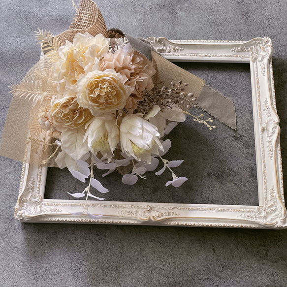 エクリュカラーのスワッグ　カスミソウ　アーティフィシャルフラワー　造花　プロテア　ユーカリ　 6枚目の画像