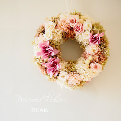 ピンク・ホワイトリース　プリザーブドフラワー　Preserved Flower  誕生日 結婚　お祝い　 4枚目の画像