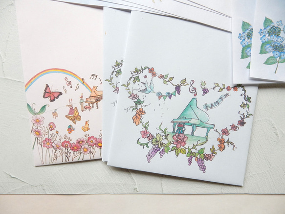 紫陽花～ハートの森の中のグランドピアノ等　限定　訳あり逸品　封筒　一筆箋　メモ用紙セット 3枚目の画像