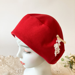お洒落なソフトベレー帽　ケア帽子　リバーシブル　コットンレース✖️赤 9枚目の画像