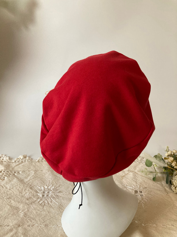お洒落なソフトベレー帽　ケア帽子　リバーシブル　コットンレース✖️赤 5枚目の画像