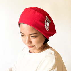 お洒落なソフトベレー帽　ケア帽子　リバーシブル　コットンレース✖️赤 10枚目の画像