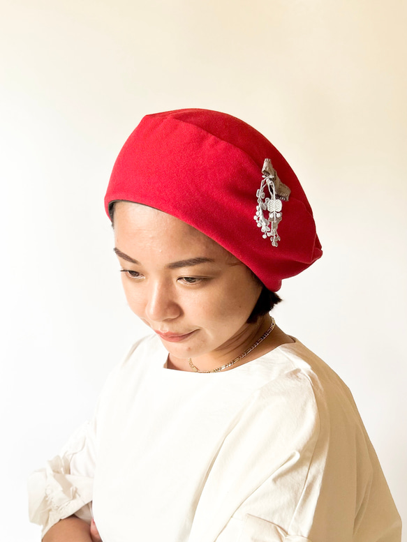 お洒落なソフトベレー帽　ケア帽子　リバーシブル　コットンレース✖️赤 10枚目の画像