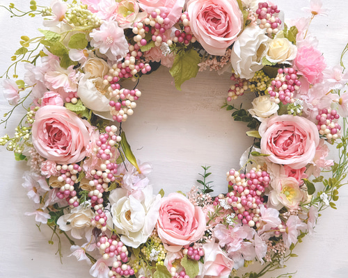 リース ピンク系 ばら 新作！☆Lサイズ・バラと桜の春色ピンクリース ☆ リース Mariage 通販