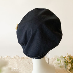 お洒落なソフトベレー帽　ケア帽子　リバーシブル　コットンレース×濃紺ニット 12枚目の画像