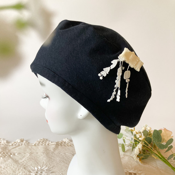 時尚柔軟貝雷帽護理帽雙面棉質蕾絲 x 深藍色針織 第9張的照片