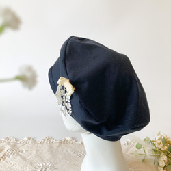 お洒落なソフトベレー帽　ケア帽子　リバーシブル　コットンレース×濃紺ニット 11枚目の画像