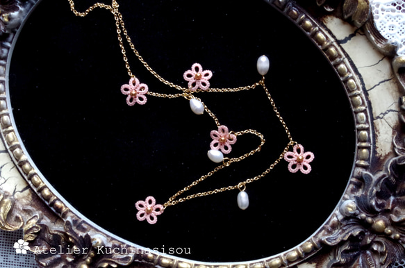 梭織蕾絲小花淡水珍珠項鍊&lt;櫻花&gt; 第6張的照片