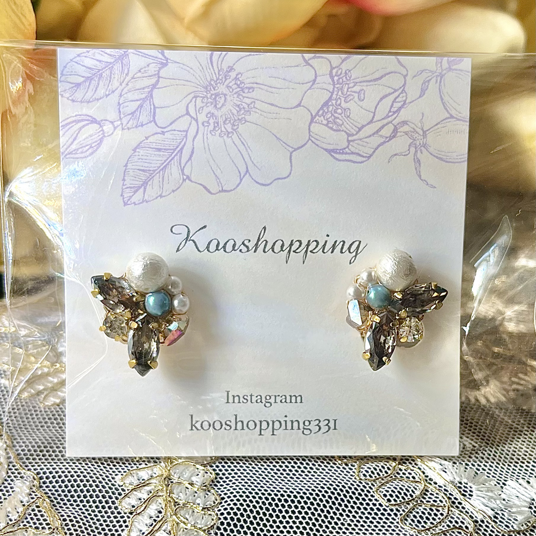 ビジューピアス&イヤリング ブルー×ブラック ビジュー