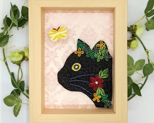 ペーパークイリング フレーム飾り 「Welcome 花に隠れる猫」 越さ