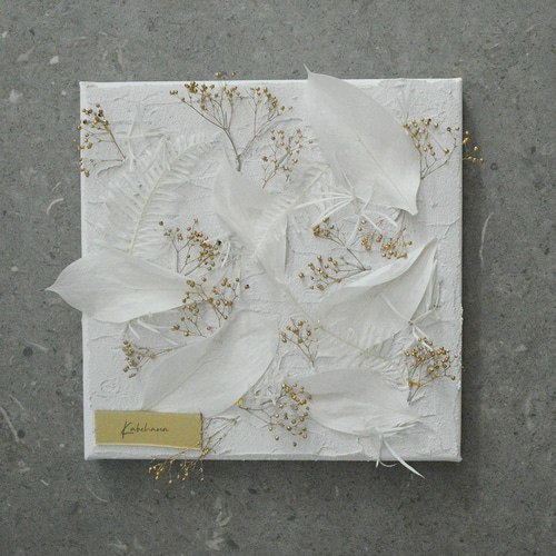18cm×18cm_ホワイトリーフとゴールドかすみ草_テクスチャーアート 絵画