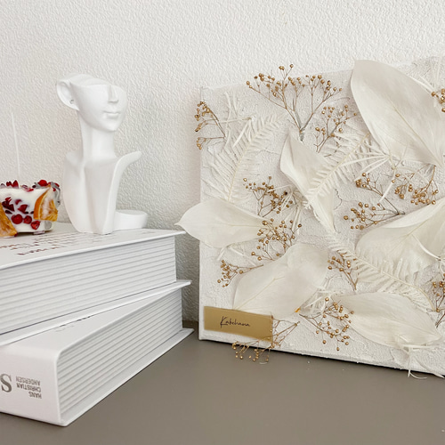 18cm×18cm_ホワイトリーフとゴールドかすみ草_テクスチャーアート 絵画