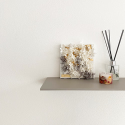 18cm×18cm_ホワイトリーフとゴールドかすみ草_テクスチャーアート 絵画