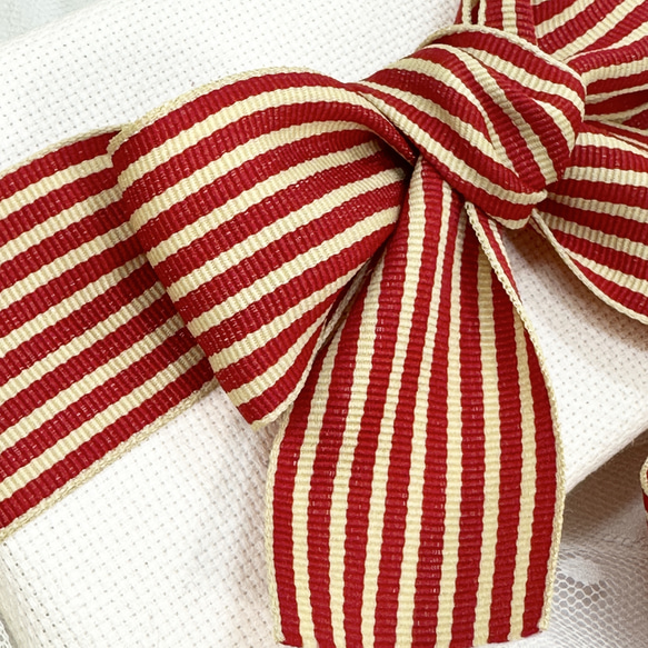 USA リボン　ストライプ　赤×ベージュ　１m単位　R3 2枚目の画像