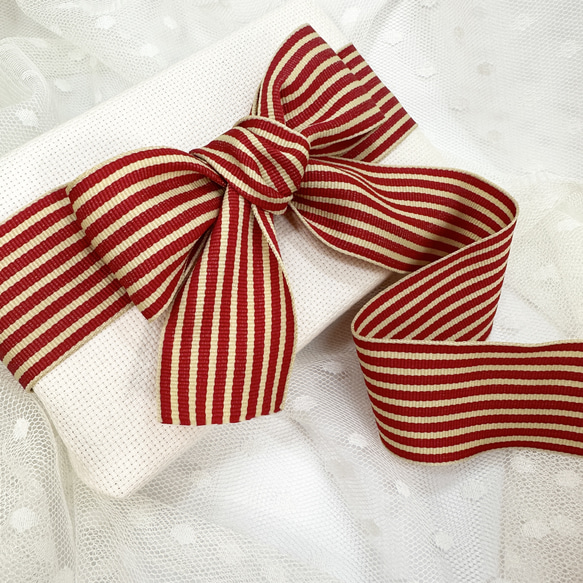 USA リボン　ストライプ　赤×ベージュ　１m単位　R3 1枚目の画像