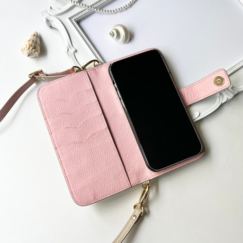 手帳型スマホケース バイカラー 本革 名入れ可 カード収納
