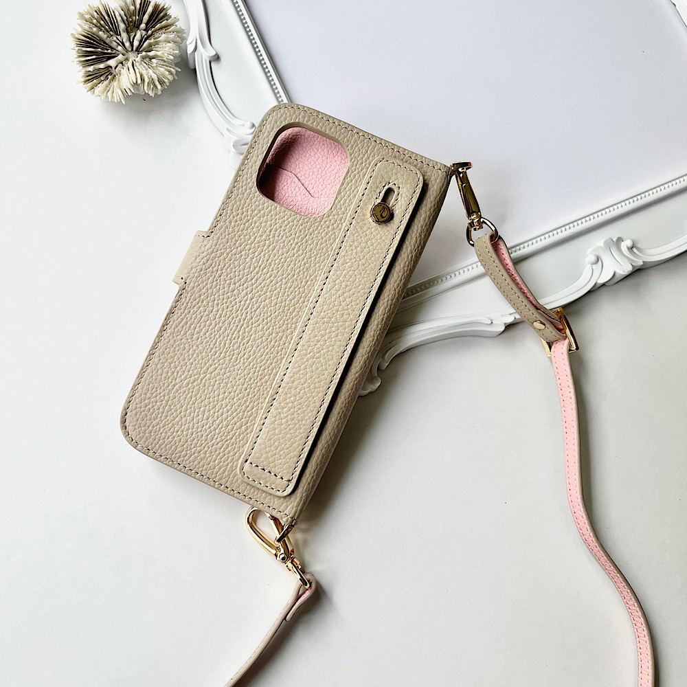 手帳型スマホケース バイカラー　本革　名入れ可　カード収納　ハンドベルト付き　ショルダー付き　　　レザー