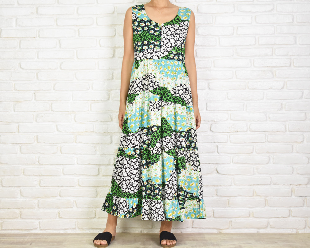 花柄パッチワークプリントティアードワンピース　グリーン