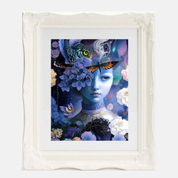 幻想的でシックできらびやかなゆめかわいい魔女と鳥や蝶や花 アートポスター ロココ調 豪華フレーム(額縁)付き 2枚目の画像