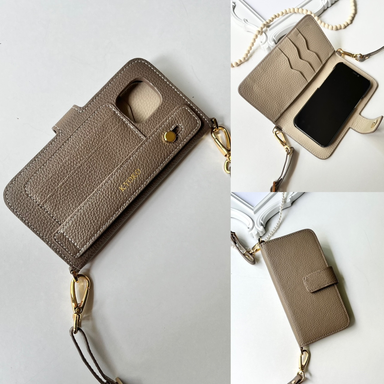 手帳型スマホケース　バイカラーレザー　名入れ無料　ショルダー付き　イニシャルが入れられる　IPHONEケース