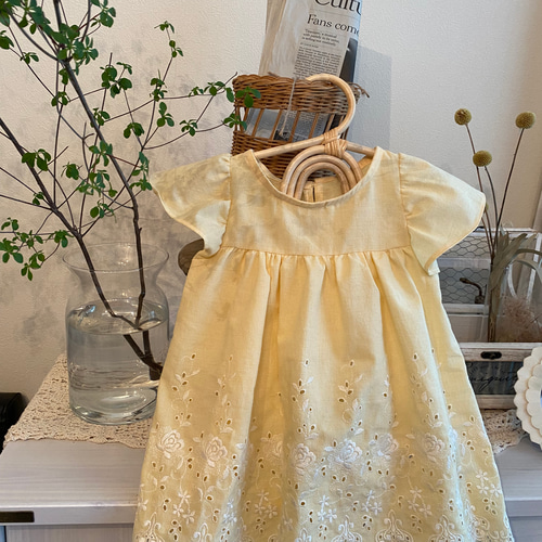 コットンレースワンピース ギンガムチェック柄イエロー baby&キッズ 