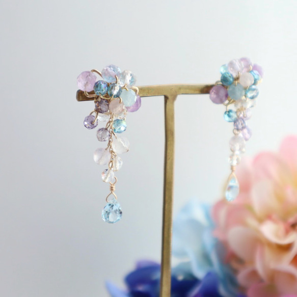 ＜ブルー×パープル＞天然石 紫陽花ピアス/イヤリング 9枚目の画像