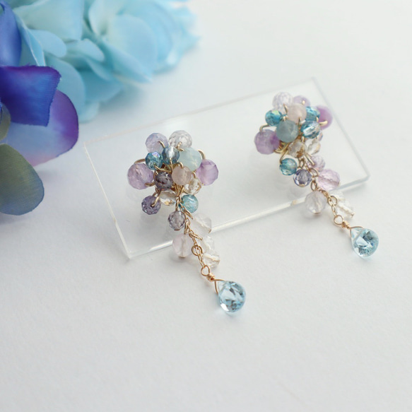 ＜ブルー×パープル＞天然石 紫陽花ピアス/イヤリング 5枚目の画像