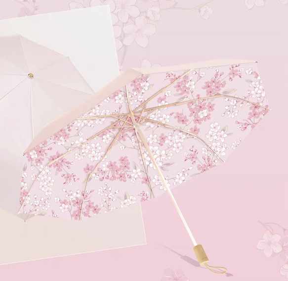 【傘の隣の猫】高顔値  ピンク  エレガント  桜柄 折り畳み傘  晴雨兼用傘  日傘 1枚目の画像
