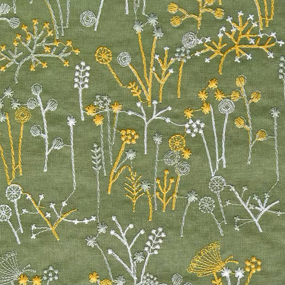 ミモザ　タンポポ 　草と花植物　刺繍綿麻生地布50cm単位 幅約140cm 4色 1枚目の画像