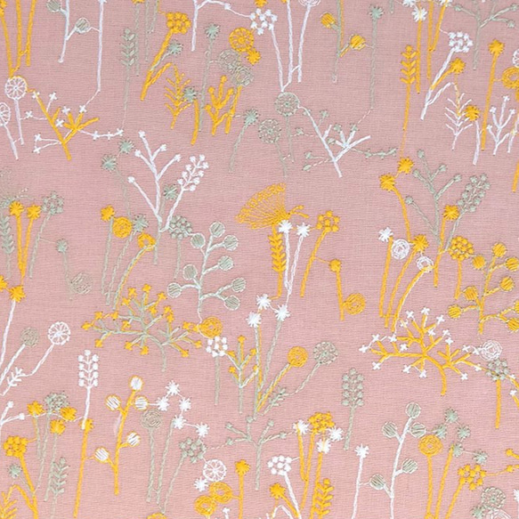 ミモザ　タンポポ 　草と花植物　刺繍綿麻生地布50cm単位 幅約140cm 4色 3枚目の画像