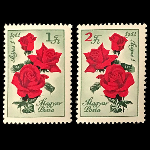 赤い薔薇 ハンガリー 1961年 外国切手2種 未使用【バラの花 古