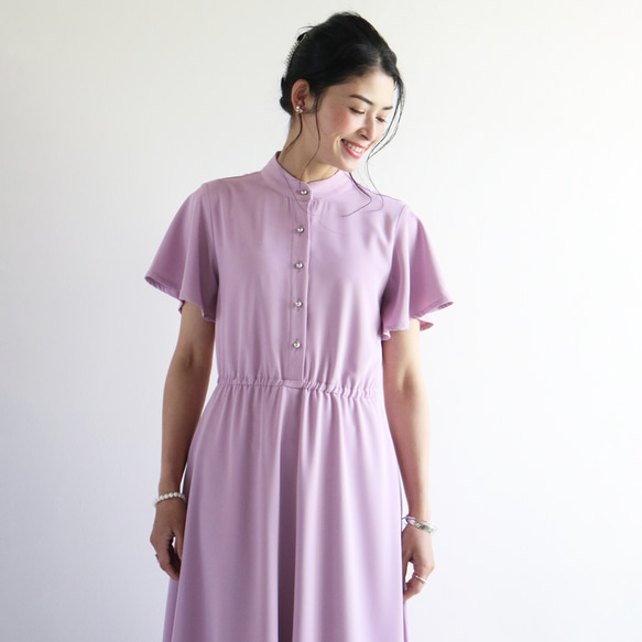 夏季新品【丁香紫】可水洗喬其紗喇叭袖立領連衣裙♥ 第6張的照片