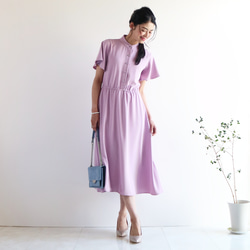 夏季新品【丁香紫】可水洗喬其紗喇叭袖立領連衣裙♥ 第1張的照片