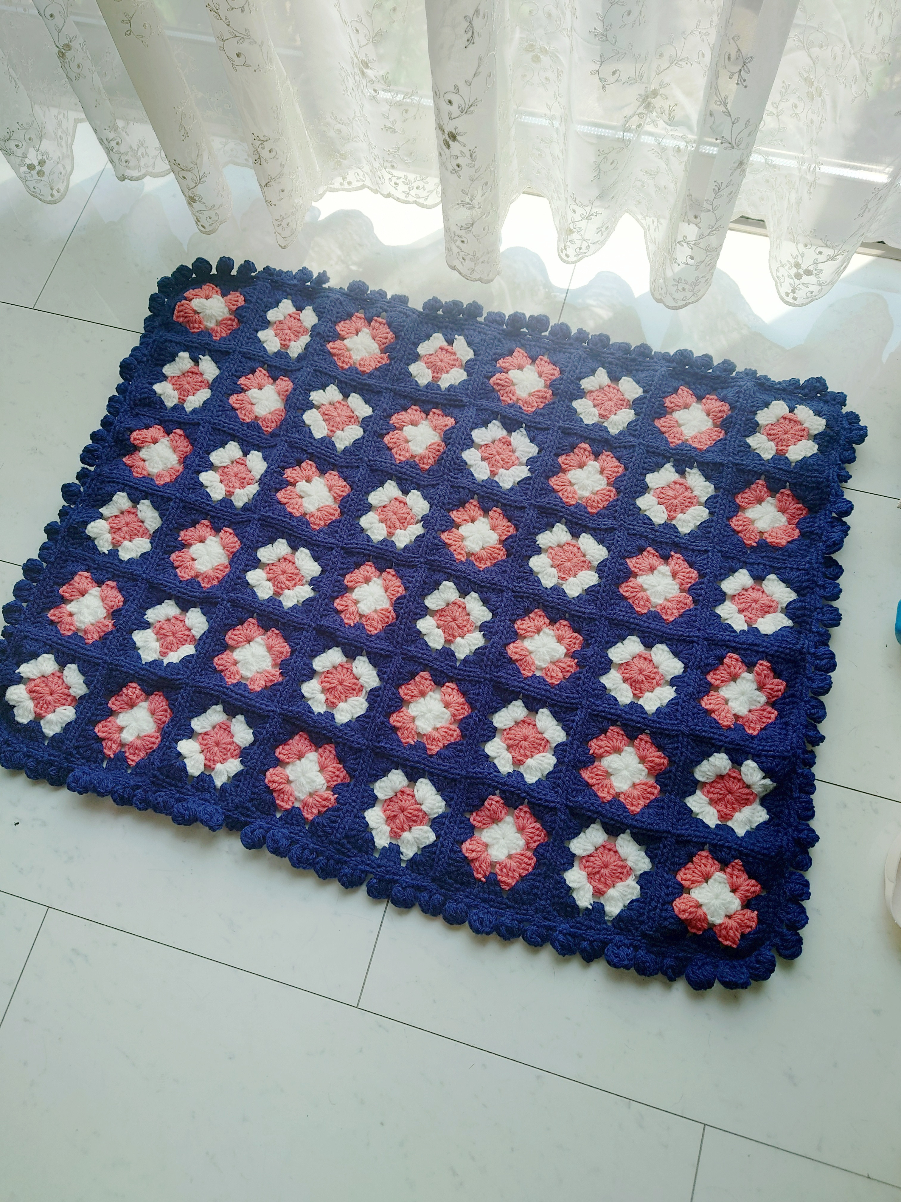 ブランケット グラニースクエア モチーフ ネイビー 編み 手編み 編み物