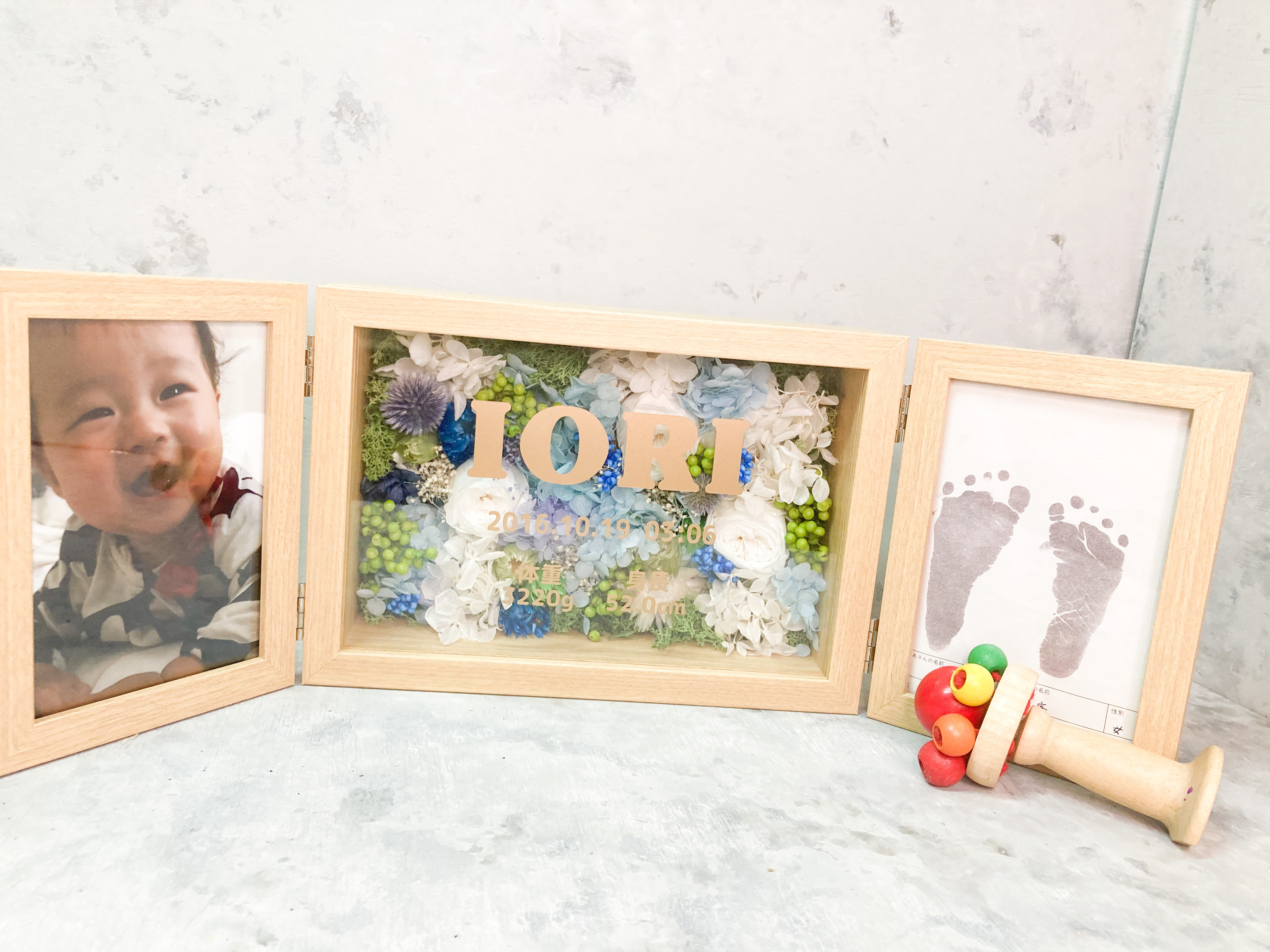 フォトフレーム　プリザーブドフラワー　出産祝い　写真たて